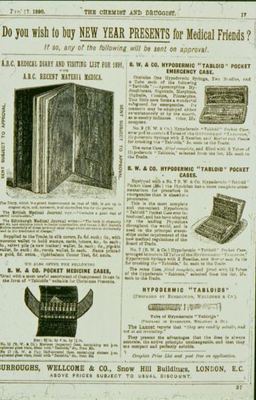 Fig 3 Burroughs, Wellcome &amp; Co advert from the Chemist and Druggist, Dec 27th, 1890